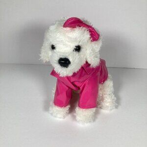 FAO Schwarz Plush White Small Dog, Hot Pink Vinyl Raincoat Bow 9" Tall Toys R Us